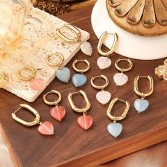 French Style Heart Ceramic Earrings - 18K Gold Plated Titanium Steel U-Shaped Hoop Earrings - Tarnish-Proof Love Heart Street Trend Jewelry