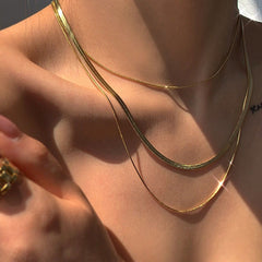 Double-Layer Liquid Gold Snake Bone Necklace – European & American Ins Style Herringbone Chain, Minimalist Niche Design Stacked Clavicle Chain for Women