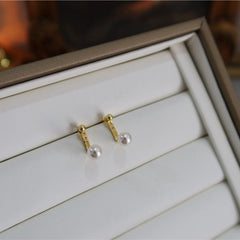Natural Freshwater Pearl Back-Hanging Earrings - S925 Sterling Silver 14K Gold Plated 2-Way Studs - Retro French Niche Design Jewelry (6mm)