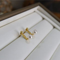 Natural Freshwater Pearl Back-Hanging Earrings - S925 Sterling Silver 14K Gold Plated 2-Way Studs - Retro French Niche Design Jewelry (6mm)