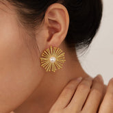 Geometric Dandelion Pearl Earrings - 18K Gold Plated Stainless Steel Studs - Tarnish-Proof Internet Celebrity "Ins" Style Jewelry for Women
