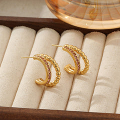 Double-Row Zircon C-Hoop Earrings - 18K Gold Plated 316L Stainless Steel - Tarnish-Proof Double-Row Diamond Titanium Hoops - Chic European Style