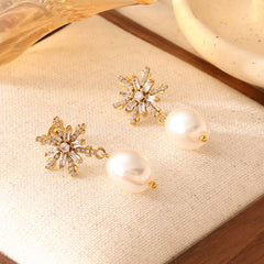 Snowflake Freshwater Pearl Earrings - 18K Gold Plated Zircon Studs - Original Design Light Luxury Winter Jewelry for Women
