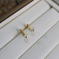 Natural Freshwater Pearl Back-Hanging Earrings - S925 Sterling Silver 14K Gold Plated 2-Way Studs - Retro French Niche Design Jewelry (6mm)