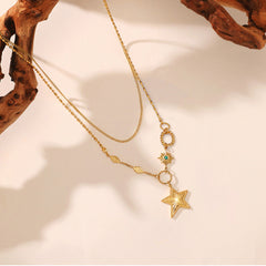 14K Gold Double-Layer Star Necklace – Stainless Steel Geometric Five-Pointed Star Pendant, Ins Style Niche Design Layered Clavicle Chain for Women