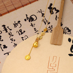 Gourd Pendant Necklace With The Word "Fu", Auspicious And Wishful, For Women, Ancient Sand Gold Tassels, Retro And Versatile, Fashionable And Elegant Clavicle Chain