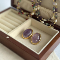 Natural Amethyst Drop Earrings in S925 Sterling Silver - Vintage Oval Purple Crystal Dangles for Women