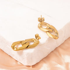 Double Hoop Link Chain Earrings – 18K Gold Plated Titanium Steel Geometric Dangle Jewelry for Women