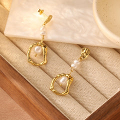18K Gold Plated Stainless Steel Pearl Chain Earrings - Versatile Back-Hanging Dangle Earrings for Women