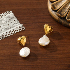 French Retro Bow Pearl Earrings - 18K Gold Plated Asymmetrical Heart & Ribbon Studs - Tarnish-Proof Titanium Steel Romantic Jewelry for Women