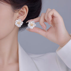 18K Gold Plated Flower Stud Earrings with Shell Pearls - Elegant Zircon Floral Dangles for Women