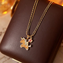 Korean Style Golden Sweet Pony Pendant Necklace – 18K Gold Plated Niche Design Clavicle Chain, High-End Light Luxury Sweater Chain for Women