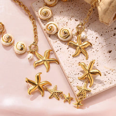 Starfish and Shell Ocean Necklace Set - Gold Plated Beach Vacation Clavicle Chain - European & American Style Summer Jewelry for Women