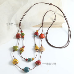 French Retro Double-Layer Ceramic Necklace – Colorful Beaded "Dopamine" Heart Pendant, High-End Versatile Long Style Jewelry