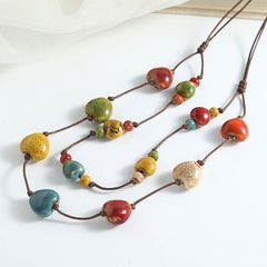 French Retro Double-Layer Ceramic Necklace – Colorful Beaded "Dopamine" Heart Pendant, High-End Versatile Long Style Jewelry