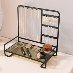 Multi-Tier Desktop Jewelry Organizer – 12.6-Inch T-Bar Necklace Stand & Bracelet Holder with Wooden Ring Tray