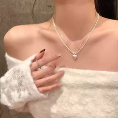Double-Layer Brushed Love Pendant Necklace, Women'S Accessories, High-End, Light Luxury, Niche Fashion, Versatile And Gold-Like Clavicle Chain