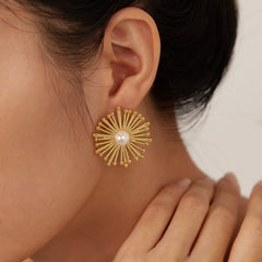 Geometric Dandelion Pearl Earrings - 18K Gold Plated Stainless Steel Studs - Tarnish-Proof Internet Celebrity "Ins" Style Jewelry for Women