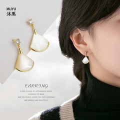 Natural Mother of Pearl Fan Earrings - Elegant 14K Gold Plated Shell Drop Earrings - Sophisticated Statement Jewelry for Office and Evening Wear