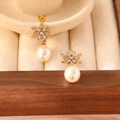 Snowflake Freshwater Pearl Earrings - 18K Gold Plated Zircon Studs - Original Design Light Luxury Winter Jewelry for Women