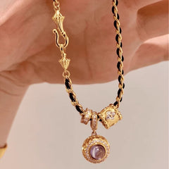 Second-Hand Pink-Purple Crystal Full Circle Zircon Bracelet – Black Gold "Small Waist" Design, Fashionable & Versatile Tennis Bracelet for Women