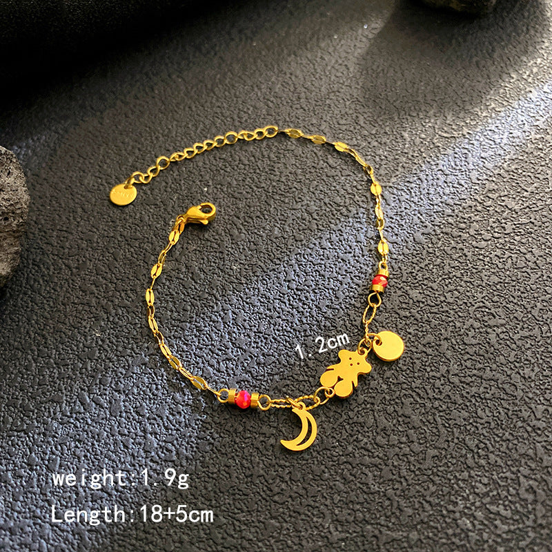 Multi-Color Bear & Crescent Moon Bracelet – 18K Gold Plated Titanium Steel, Fashionable "Sweet & Cool" Light Luxury Bracelet for Women