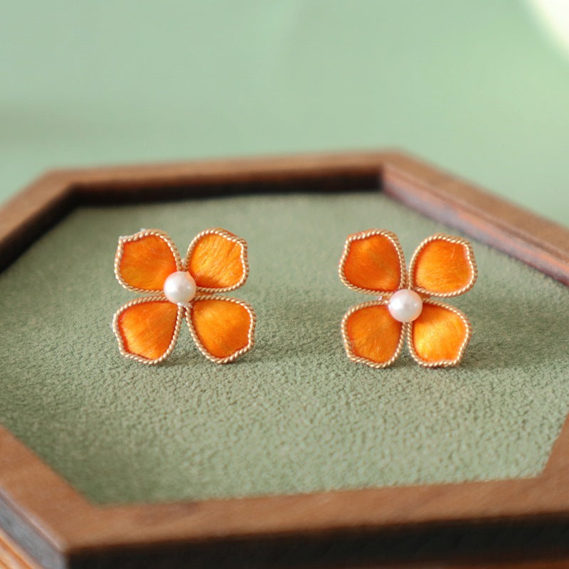 Red Velvet Flower Drop Earrings - Elegant Handmade Floral Wedding Accessories for Women