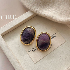 Natural Amethyst Oval Stud Earrings - S925 Sterling Silver Purple Crystal Earrings for Women