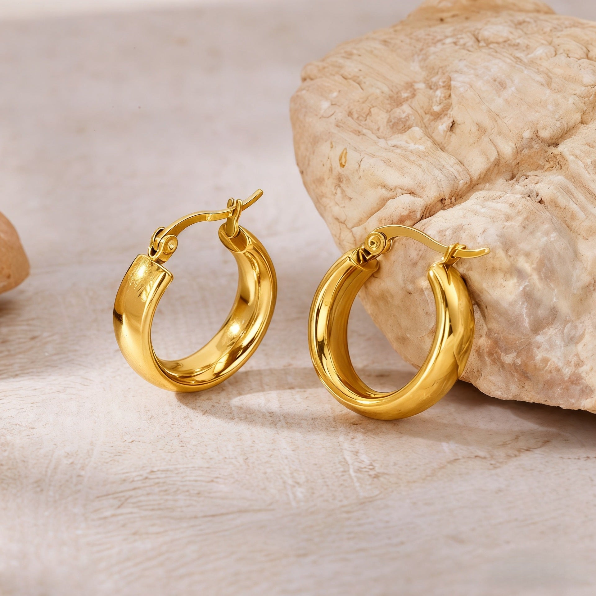 18K Gold Plated Thick Hoop Earrings - Tarnish-Free Chunky Gold Circles - Lightweight High-Polish Statement Hoops for Women