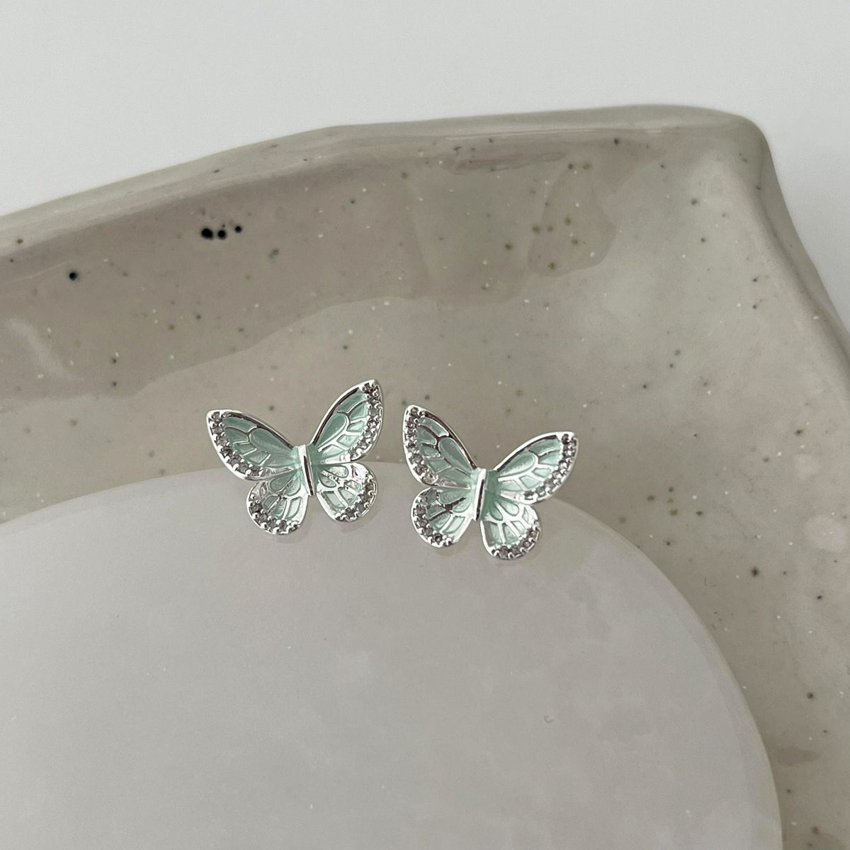 Mint Green Enamel Butterfly Stud Earrings - S925 Silver Needle Micro-Pave Zirconia Wings - Fresh Summer Aesthetic Jewelry for Women