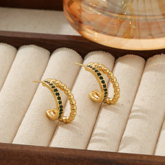 Double-Row Zircon C-Hoop Earrings - 18K Gold Plated 316L Stainless Steel - Tarnish-Proof Double-Row Diamond Titanium Hoops - Chic European Style