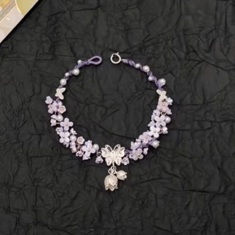 Iris Purple Butterfly String Bracelet – Hand-Woven Flower & Butterfly Charm, Sweet Niche Design High-Value Gift for Women