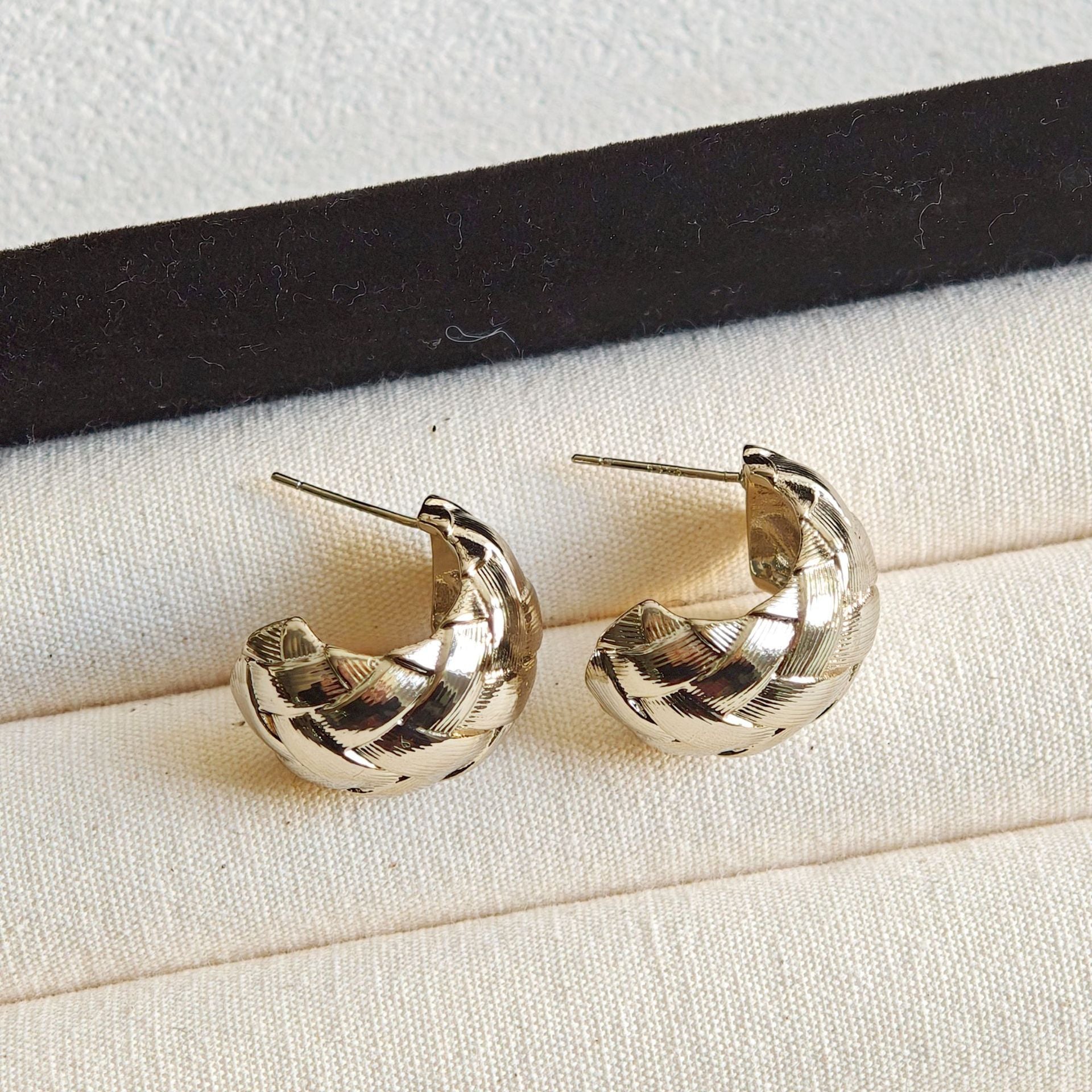 French Braided C-Shaped Hoop Earrings - S925 Silver Needle Brushed Metal Studs - High-End Niche Design Light Luxury Earrings for Women