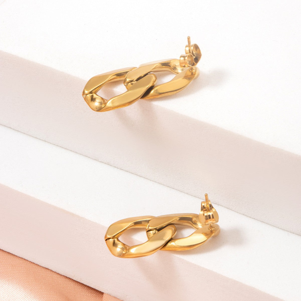 Double Hoop Link Chain Earrings – 18K Gold Plated Titanium Steel Geometric Dangle Jewelry for Women