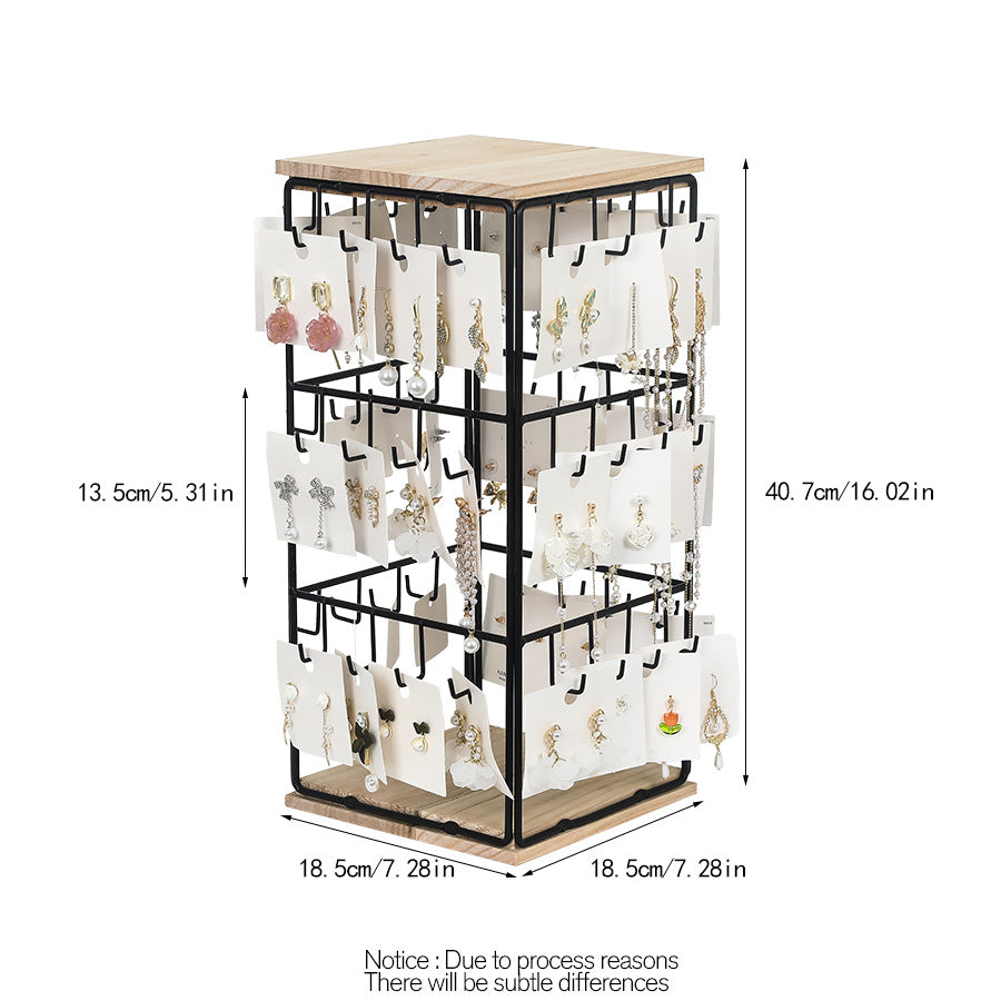 360° Rotating Walnut Jewelry Tower – Multi-Tier Wooden Earring & Ring Organizer with Hanging Hooks for Necklaces