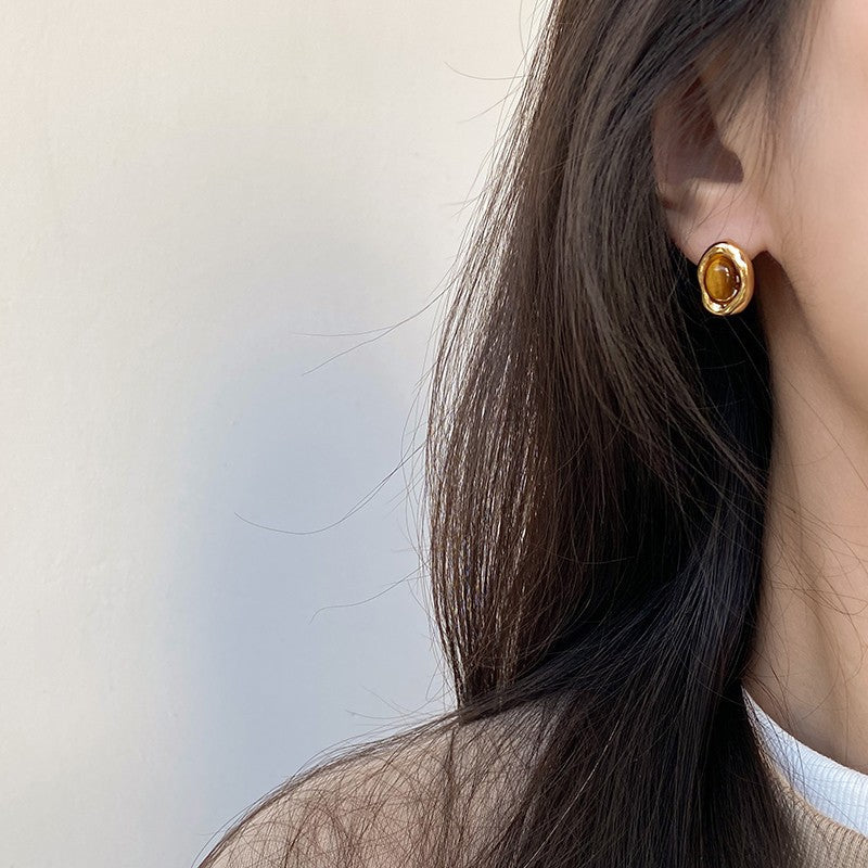 Natural Tiger Eye Geometric Drop Earrings - S925 Silver Needle Maillard Style Retro Earrings for Women