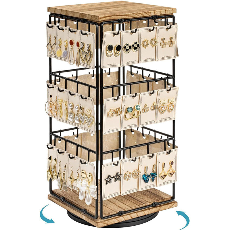 360° Rotating Walnut Jewelry Tower – Multi-Tier Wooden Earring & Ring Organizer with Hanging Hooks for Necklaces
