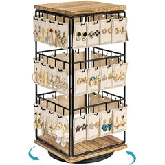360° Rotating Walnut Jewelry Tower – Multi-Tier Wooden Earring & Ring Organizer with Hanging Hooks for Necklaces