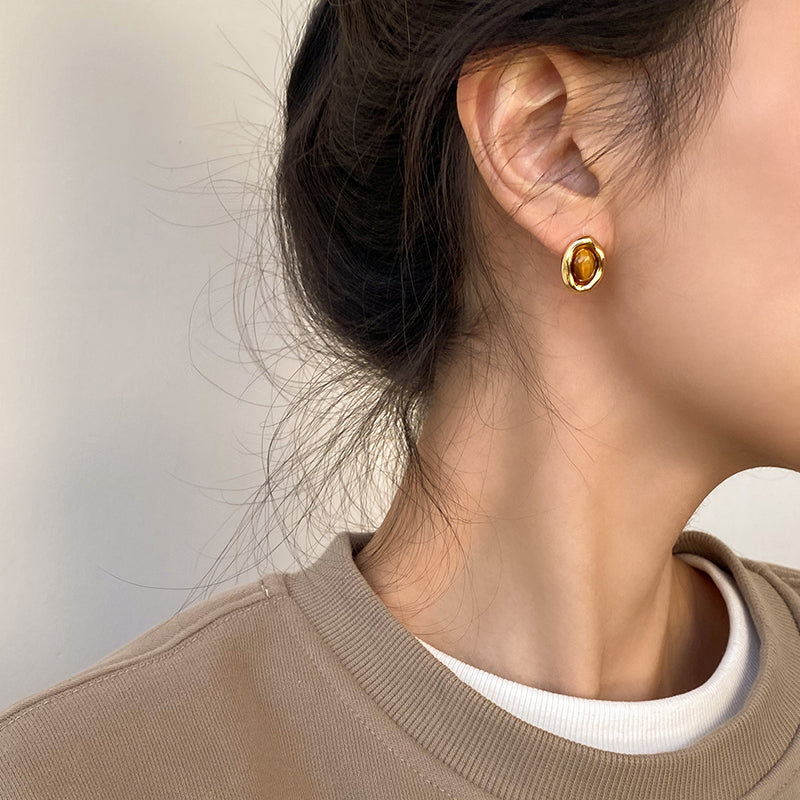 Natural Tiger Eye Geometric Drop Earrings - S925 Silver Needle Maillard Style Retro Earrings for Women