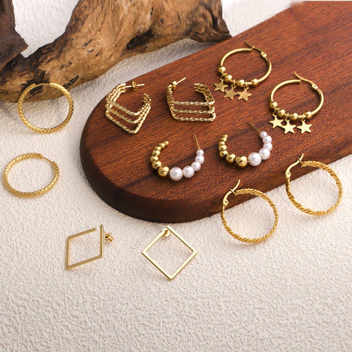 18K Gold Plated Circle Bead & Braided Hoops - Tarnish-Proof Twisted Diamond Earrings - Minimalist Stainless Steel Geometric Jewelry for Women