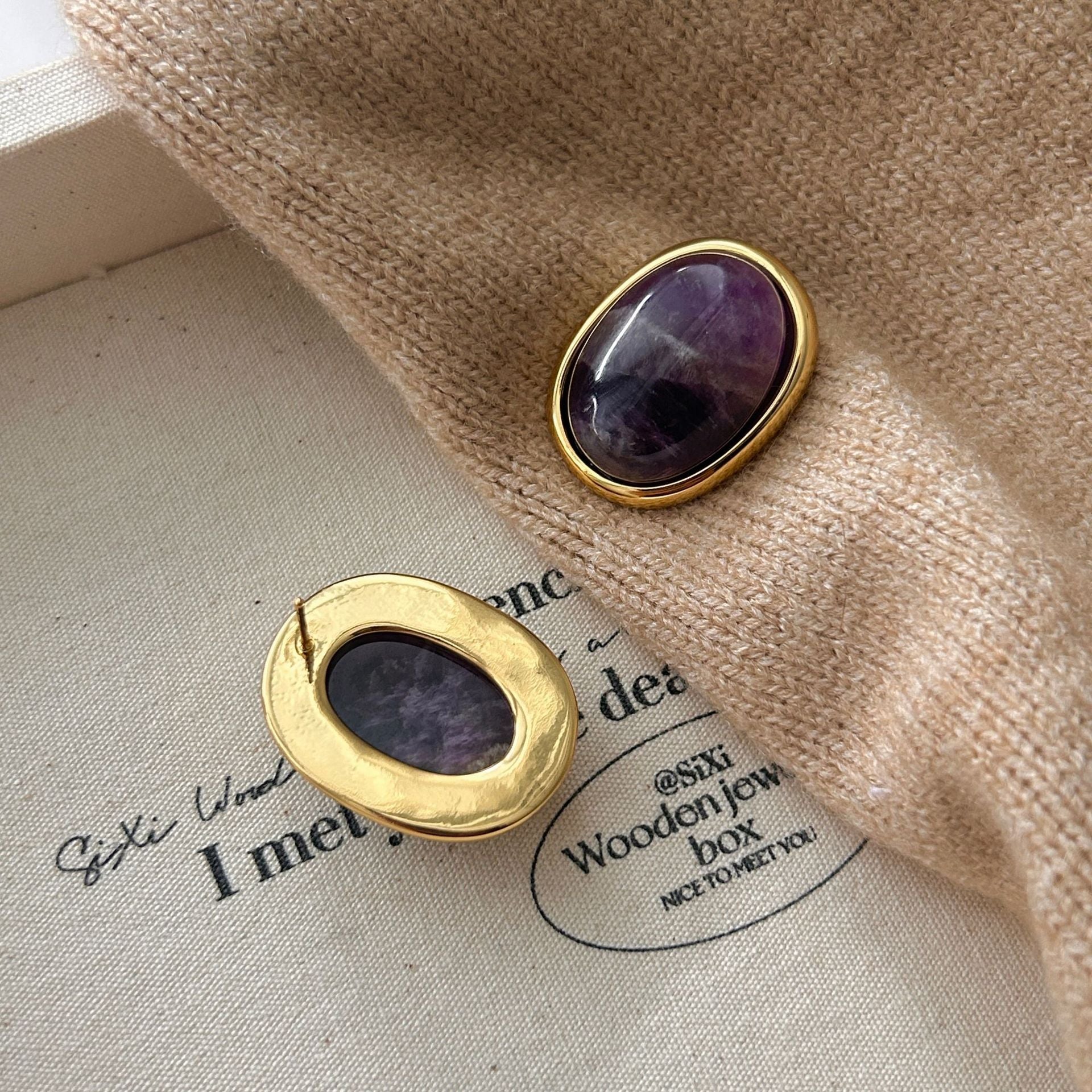 Natural Amethyst Oval Stud Earrings - S925 Sterling Silver Purple Crystal Earrings for Women