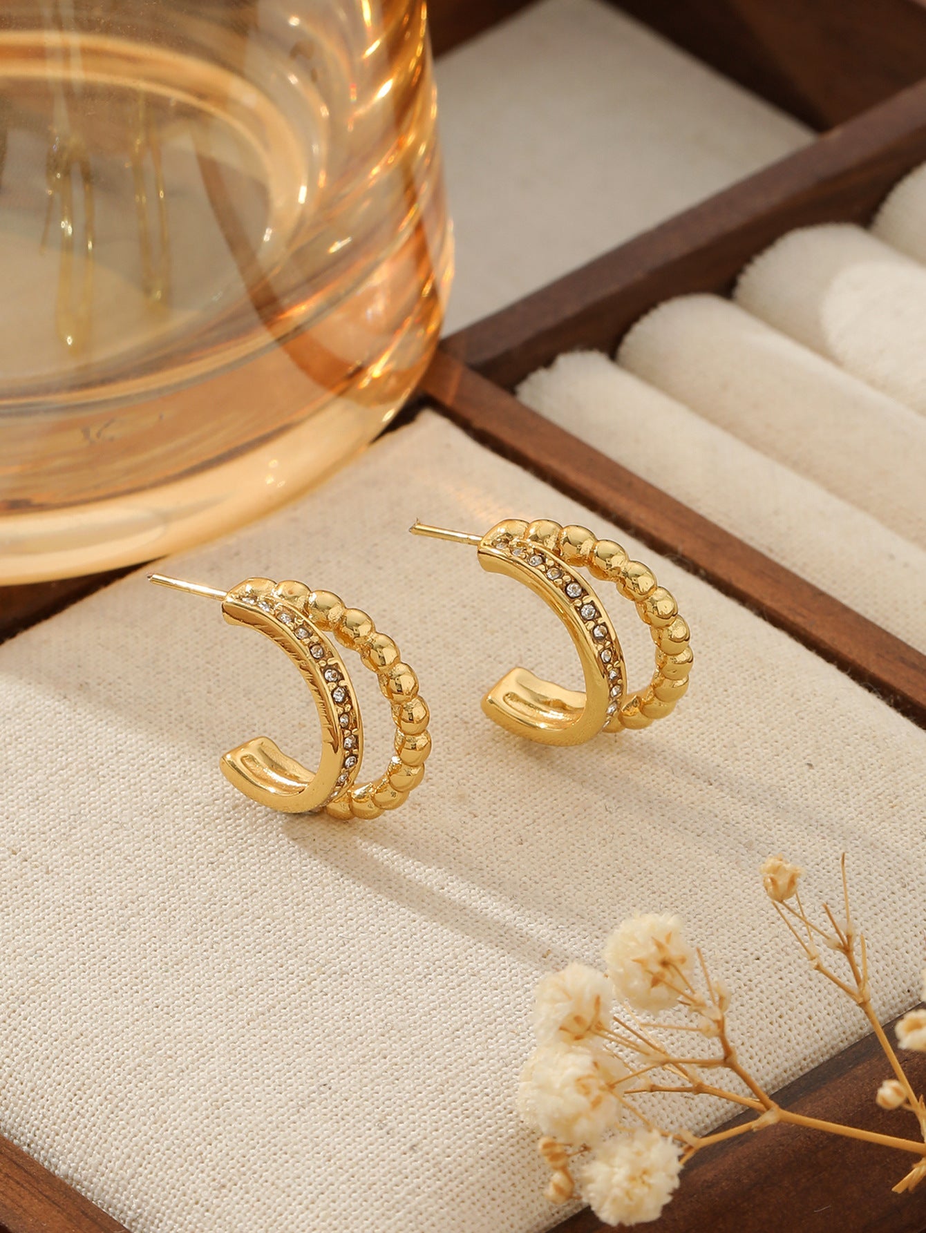 Double-Row Zircon C-Hoop Earrings - 18K Gold Plated 316L Stainless Steel - Tarnish-Proof Double-Row Diamond Titanium Hoops - Chic European Style