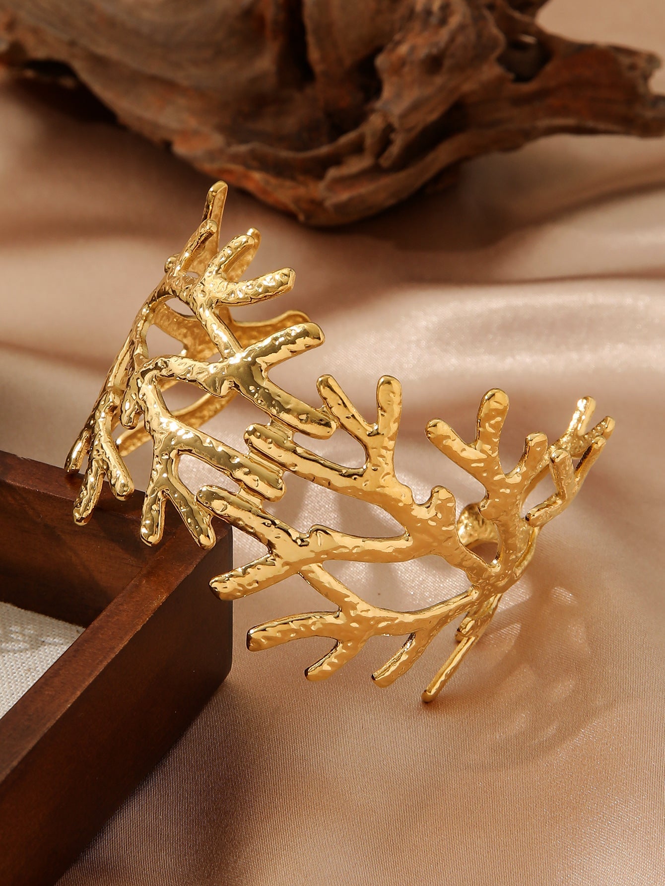 18K Gold Plated Hammered Branch Bangle - Bold Stainless Steel Textured Wide Cuff Bracelet for Women