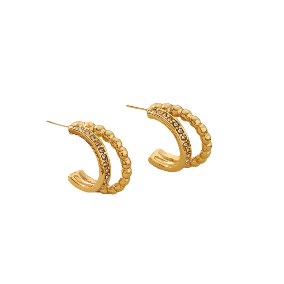 Double-Row Zircon C-Hoop Earrings - 18K Gold Plated 316L Stainless Steel - Tarnish-Proof Double-Row Diamond Titanium Hoops - Chic European Style