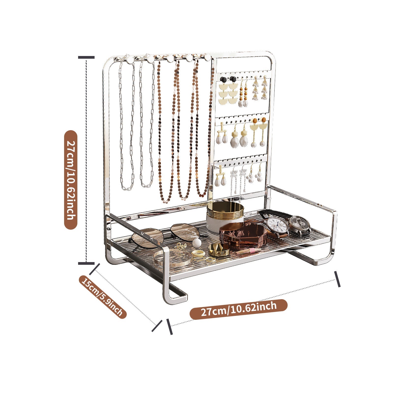 Multi-Tier Desktop Jewelry Organizer – 12.6-Inch T-Bar Necklace Stand & Bracelet Holder with Wooden Ring Tray