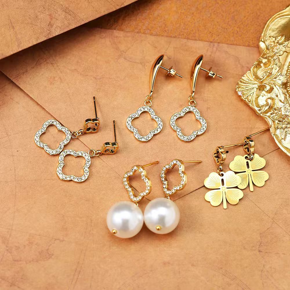 18K Gold Plated Clover Pearl Earrings - Titanium Steel Four-Leaf Clover Studs - Tarnish-Proof Light Luxury Jewelry for Women