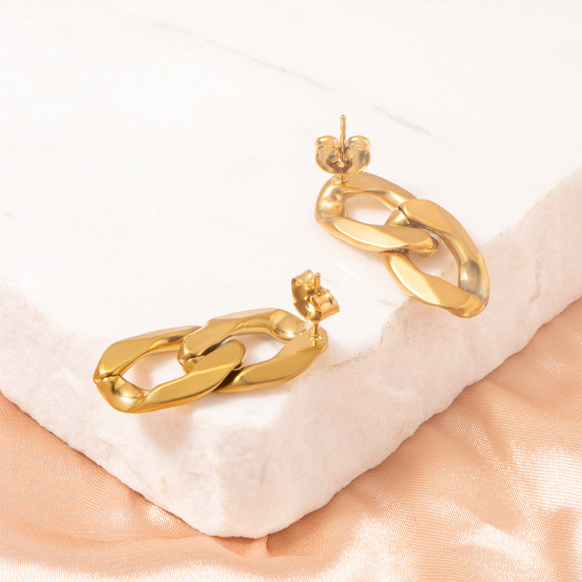 Double Hoop Link Chain Earrings – 18K Gold Plated Titanium Steel Geometric Dangle Jewelry for Women