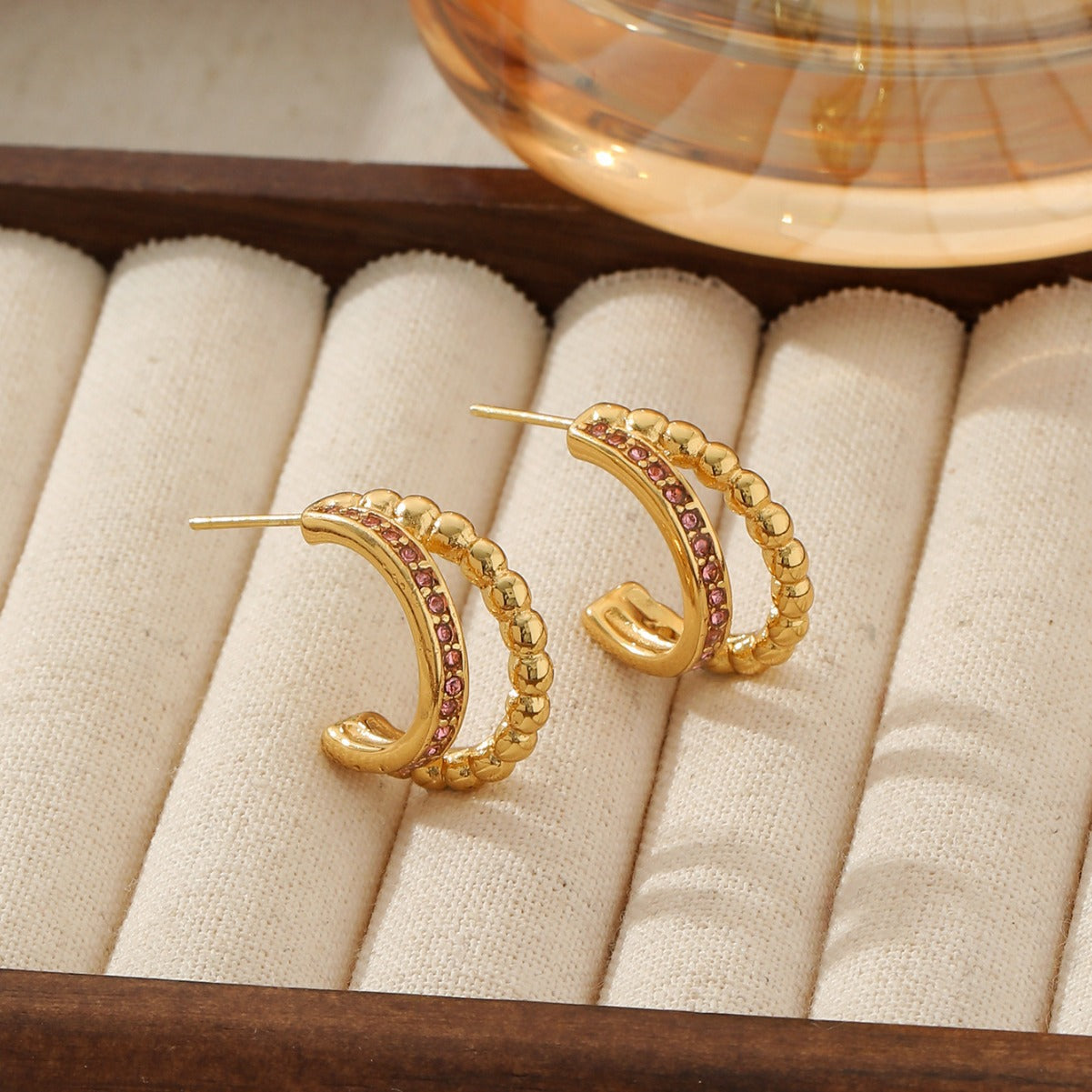 Double-Row Zircon C-Hoop Earrings - 18K Gold Plated 316L Stainless Steel - Tarnish-Proof Double-Row Diamond Titanium Hoops - Chic European Style