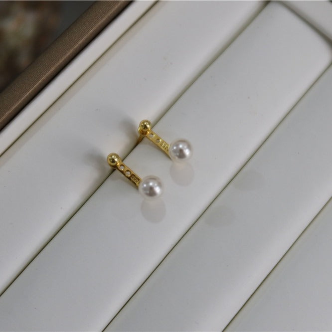 Natural Freshwater Pearl Back-Hanging Earrings - S925 Sterling Silver 14K Gold Plated 2-Way Studs - Retro French Niche Design Jewelry (6mm)
