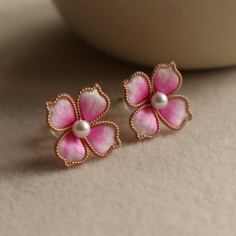 Red Velvet Flower Drop Earrings - Elegant Handmade Floral Wedding Accessories for Women